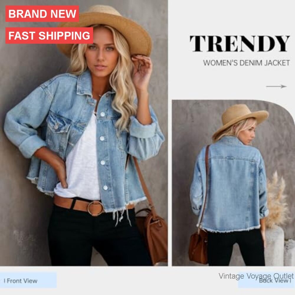 Cropped Denim Jacket with Frayed Hem, Button Front, Pockets - Picture 2 of 7